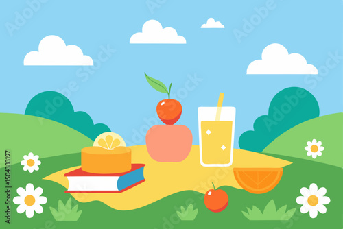 picnic setup in a flower meadow with fresh fruit