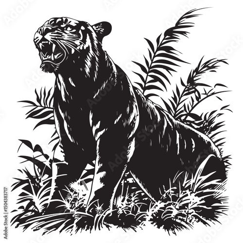 Fierce black tiger roaring amidst bushes vector image