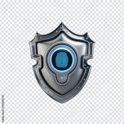 3D Cybersecurity Shield with Fingerprint – Digital Protection and Biometric Security Icon on Transparent Background