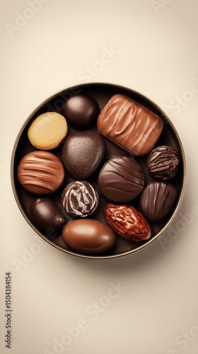 Assorted Chocolate Truffles and Candies Arranged Elegantly in a Round Tin Con...