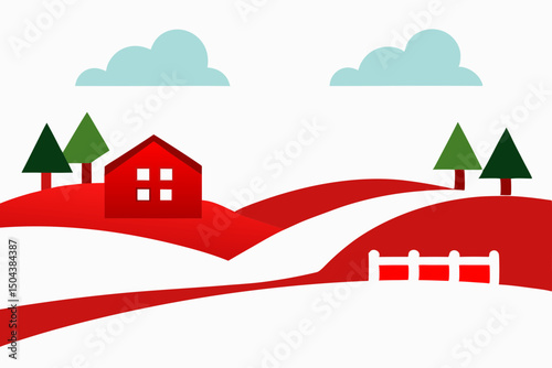 snow covered farmland with distant red barns 