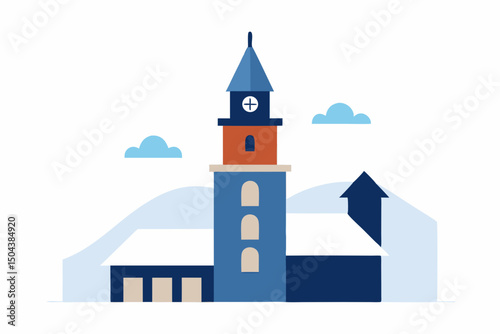 snow laced clock tower above rooftops in a winter  