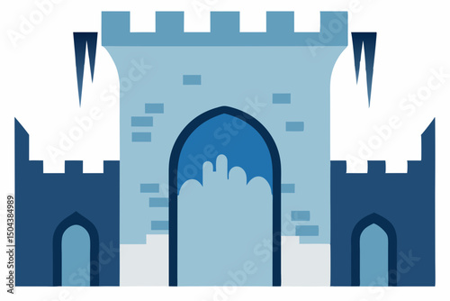 snow laden castle courtyard with icicles hanging 