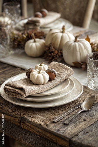 Elegant Autumn Table Setting With White Pumpkins and Rustic Dcor for a Festiv...