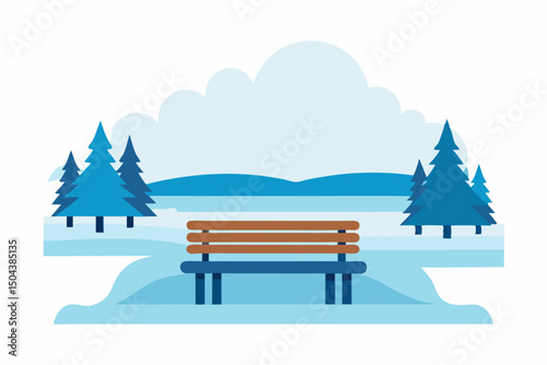 snowy bench overlooking a frozen lake surrounded 