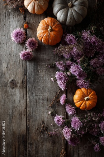 Fall Decorative Arrangement With Pumpkins and Flowers on Rustic Wood