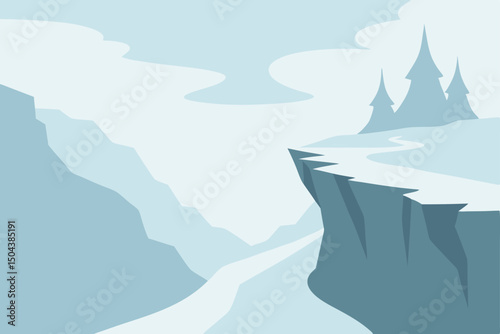 snowy cliffside path overlooking a foggy frozen 