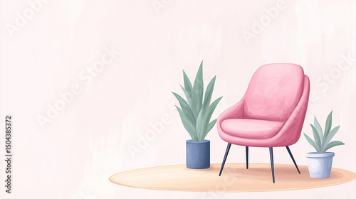 Modern pink chair with minimalist design sits on soft pastel background, accompanied by green plants in stylish pots, creating serene atmosphere