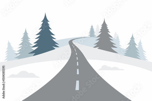 snowy road stretching into fog with trees fading 