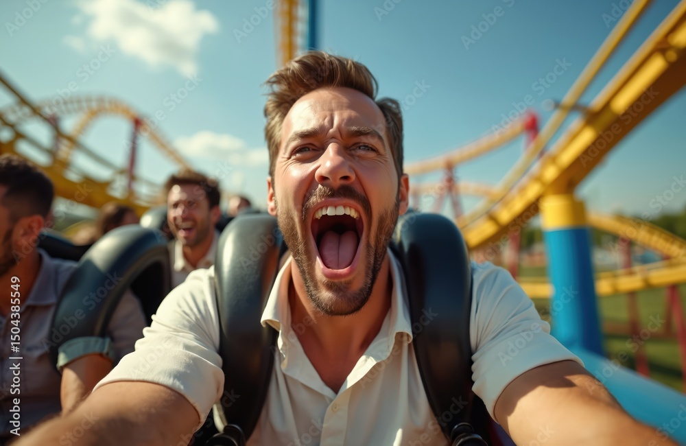 Obraz premium Man screams riding roller coaster with open mouth. People on amusement park attraction experience fun fear and excitement. Summer leisure activity at the fair. Sunny day at the park.