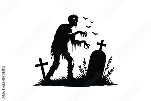 simple and unobtrusive A zombie with a gravestone vector silhouette illustration isolated in white background