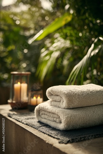 Soft Towels and Flickering Candles in a Serene Outdoor Spa Setting During Sunset