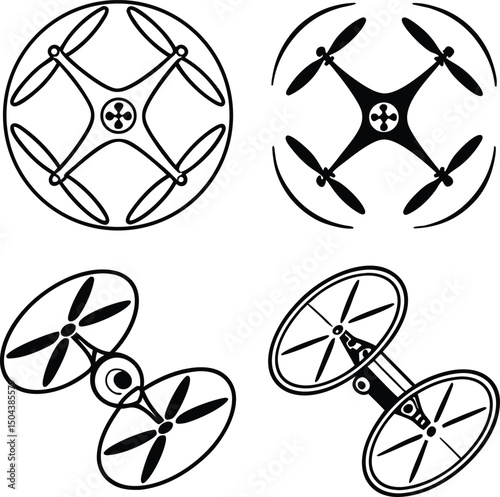 Four drone designs in black and white showing different perspectives and propeller styles on white