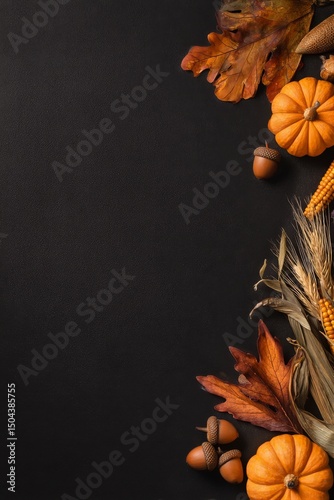 Autumn Harvest Decoration With Pumpkins, Leaves, and Acorns on Dark Surface f...