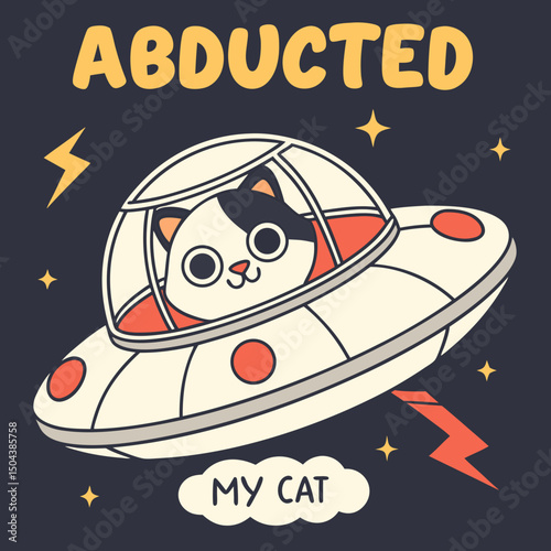 Abducted My Cat Retro UFO T Shirt Design with Fluffy Calico Cat in Flying Saucer