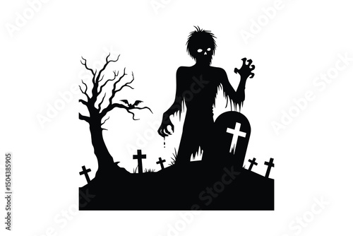 simple and unobtrusive A zombie with a gravestone vector silhouette illustration isolated in white background