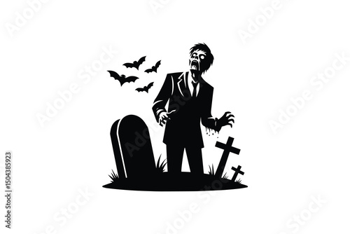 simple and unobtrusive A zombie with a gravestone vector silhouette illustration isolated in white background