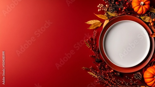 Autumn Themed Dining Setup With Empty Plate and Seasonal Decorations for Fest...