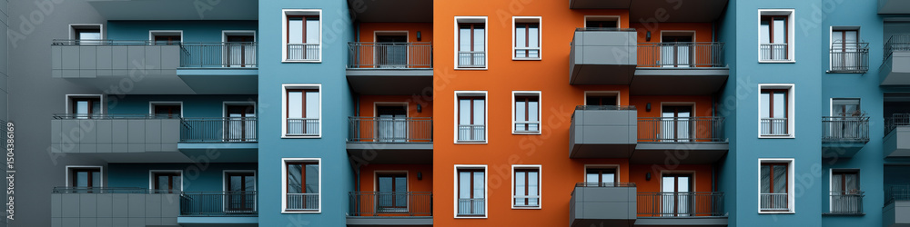 Fototapeta premium A row of apartment buildings with blue and orange facades. The blue and orange colors create a sense of contrast and vibrancy