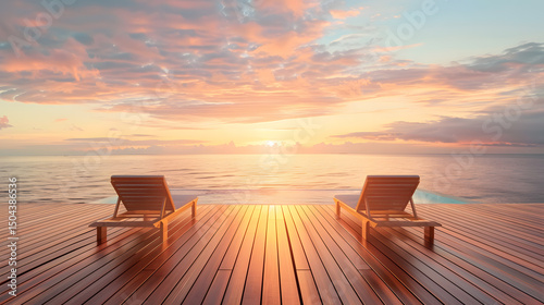 wooden deck, ocean view, empty sun loungers, sunrise, calm mood