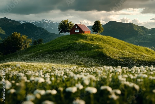 Red House on a Green Hill Surrounded by Flowers Under a Dramatic Sky in a Tra...