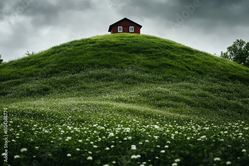 Cozy Red House on a Grassy Hill Under a Cloudy Sky in a Serene Landscape Setting