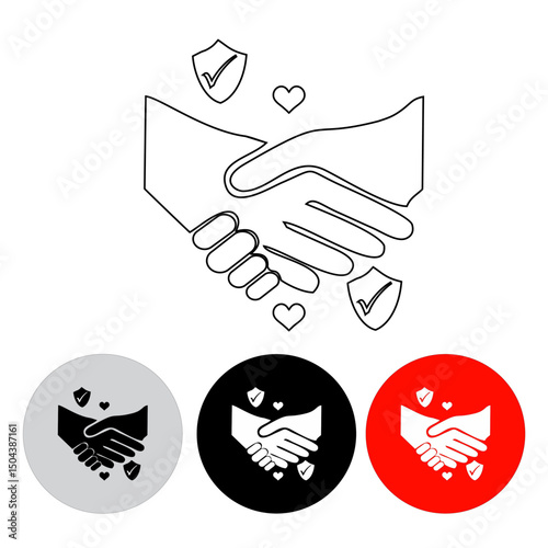 handshake icon has a heart and protection sign, line icon, black, dark white color using black, dark white and red buttons