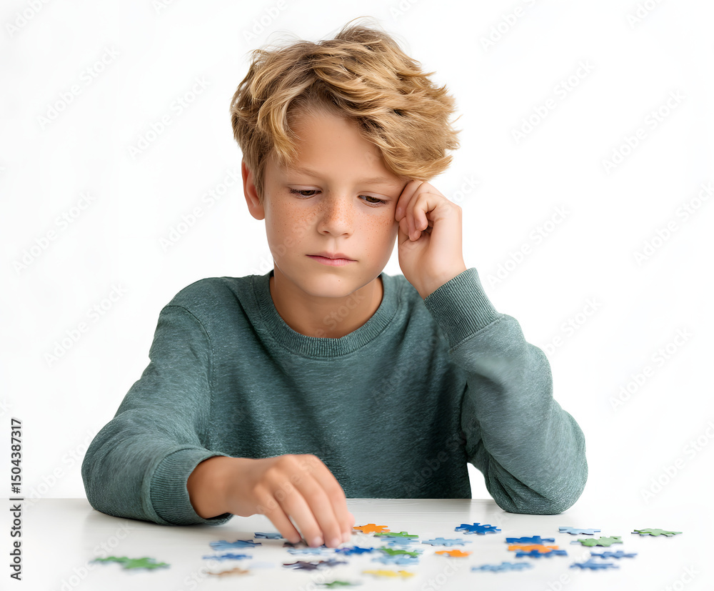 A thoughtful boy working on a jigsaw puzzle, focused on the task at hand with determination. A thoughtful boy working on a jigsaw puzzle, focused on the task at hand with determination.