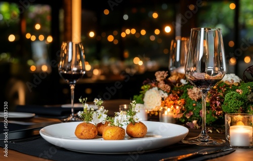 Gourmet Dish Featuring Golden Fritters Garnished With Flowers at an Elegant D...