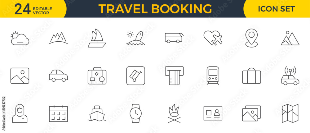 Fototapeta Travel Booking Icon Set. Stylish and user-friendly icons for enhancing travel apps, websites, and services, perfect for streamlining flight searches, hotel bookings, and adventure planning.