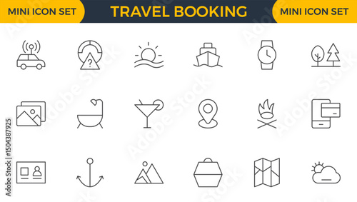 Travel Booking Icon Set. Stylish and user-friendly icons for enhancing travel apps, websites, and services, perfect for streamlining flight searches, hotel bookings, and adventure planning.