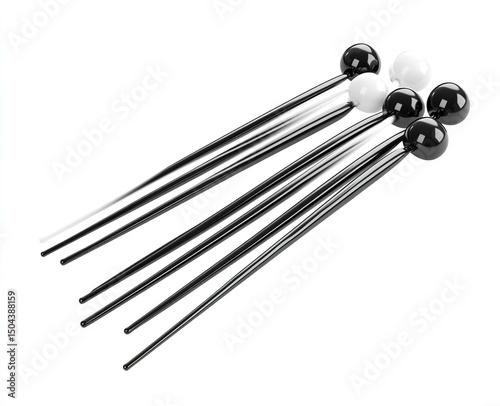 3D render of long black and white thin metal button-shaped hair pins isolated on a white background, vector illustration design set. Flat lay. Close-up. 