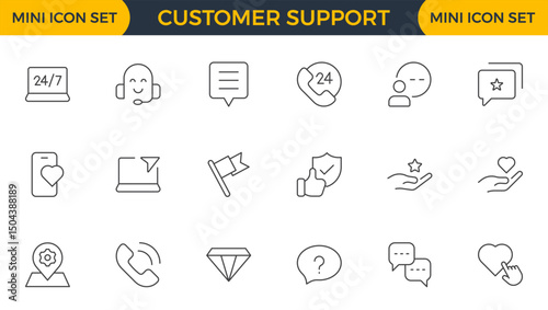 Customer Support Icon Set. Icons for enhancing user assistance, perfect for help centers, chat interfaces, and service platforms to streamline communication and improve user experience.