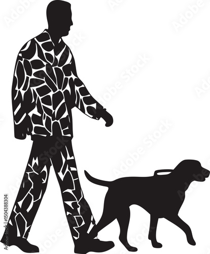 Silhouette of a man walking a dog with abstract clothing pattern