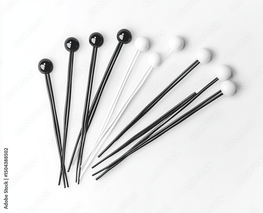 3D render of long black and white thin metal button-shaped hair pins isolated on a white background, vector illustration design set. Flat lay. Close-up. 