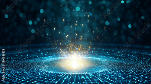 Vibrant explosion of light and energy emerges from digital grid, creating mesmerizing cosmic scene filled with sparkling particles and glowing