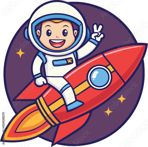 Cartoon astronaut rides a red rocket ship with a peace sign in space with yellow stars around him