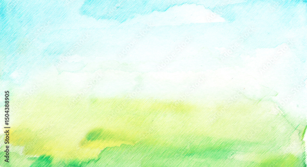 Fototapeta premium Watercolor painting, landscape of bright grass, steppe, yellow flowers, plants, field, meadow against a bright blue sky. Grunge texture, strokes. Beautiful fashionable design. Drawing of a windy field