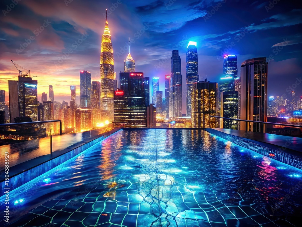 Fototapeta premium Kuala Lumpur Night Skyline Rooftop Pool Macro Photography: Rippling Water, City Lights
