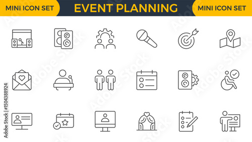 Event Planning Icon Set. Stylish and functional icons for organizers, perfect for scheduling, venue management, and event promotion, ideal for apps, websites, and marketing materials.