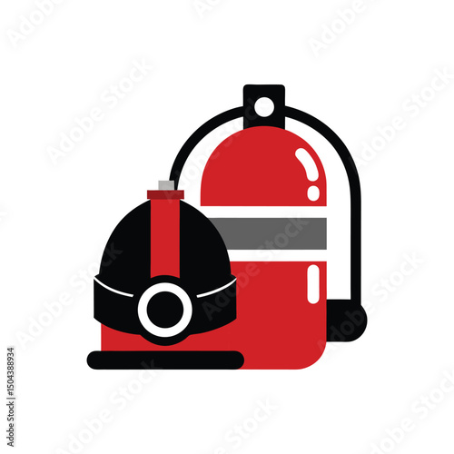Illustration of fire safety equipment featuring firefighter helmet and oxygen tank in flat design