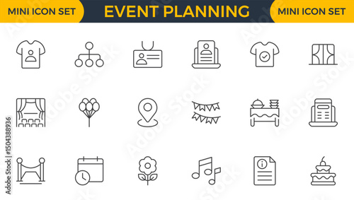 Event Planning Icon Set. Stylish and functional icons for organizers, perfect for scheduling, venue management, and event promotion, ideal for apps, websites, and marketing materials.