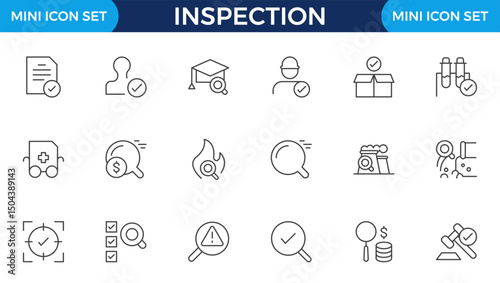 Inspection web icons set in thin line design. Pack of inspection, hire, calculation money, coaching, protection, cooperation, success, task, other outline stroke pictograms.