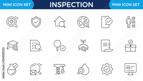 Inspection web icons set in thin line design. Pack of inspection, hire, calculation money, coaching, protection, cooperation, success, task, other outline stroke pictograms.