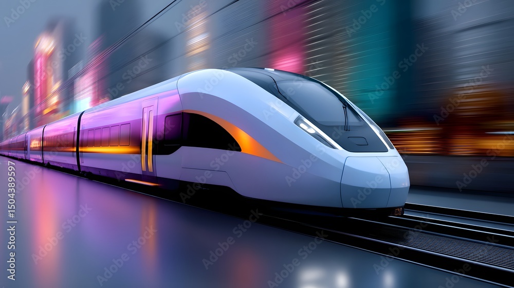 Fototapeta premium High-speed train blurring through a neon-lit city skyline