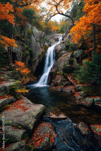 Beautiful Autumn Waterfall Surrounded by Vibrant Orange Trees in a Serene For...