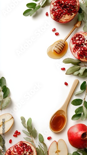 Beautiful Arrangement of Pomegranate, Honey, and Apples With Fresh Greenery o...