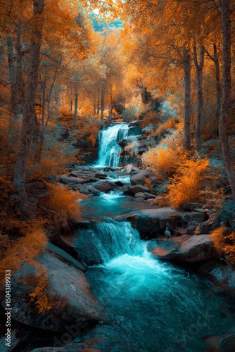Majestic Waterfall Cascading Through Vibrant Autumn Forest in Scenic Nature S...