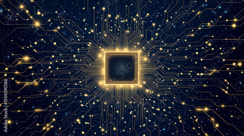 Stunning digital illustration of quantum processor surrounded by intricate circuitry and glowing connections, evoking sense of advanced technology