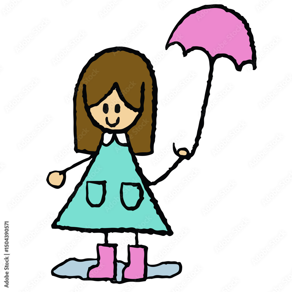Fototapeta premium Hand drawn crayon illustration of happy girl holding umbrella and wearing boots for rainy season, back to school, students, children, childhood, people, human, sticker, playground, family members